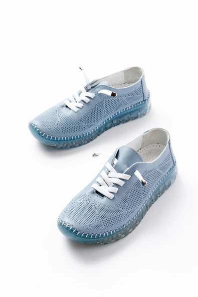 İnfon Ayakkabı Marketi Spor S-365 Mavi Desenli Hakiki Deri Şeffaf Taban Kadın Spor Ayakkabı - Resim 2