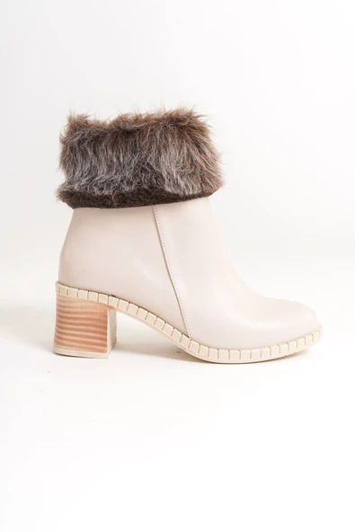 Joy Ayakkabı JULIA Fermuarlı Ortopedik Taban Tüylü Topuklu Kadın Bot CKT - Krem - Resim 6