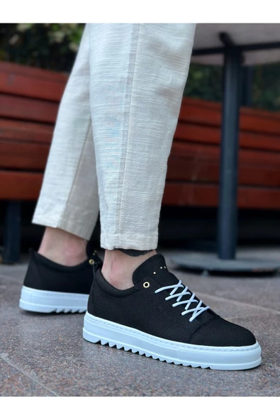 aradimtaradim BA0152 Bağcıklı Yüksek Taban Siyah Keten Erkek Ayakkabı - Resim 6