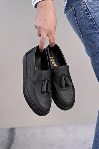 Arda Erkek AyakkabıSLW153 Bloom Bağcıksız Püsküllü Cilt Erkek Günlük Spor Klasik Ayakkabı CST - Siyah - Resim 2