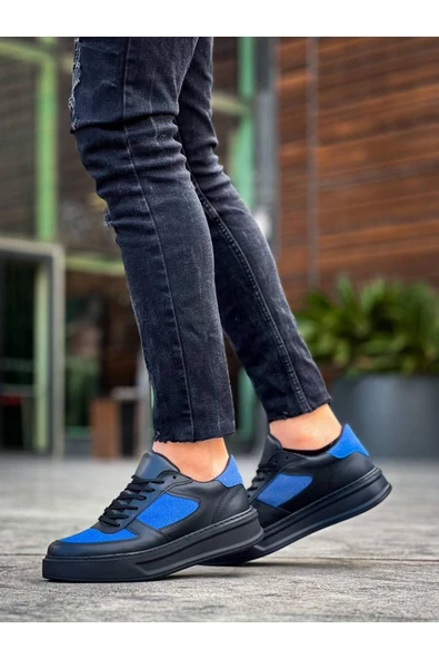 Arda Erkek AyakkabıKB-X8 Kuback Siyah Cilt Mavi Süet Detaylı Siyah Yüksek Taban Günlük Spor Ayakkabı - Resim 2