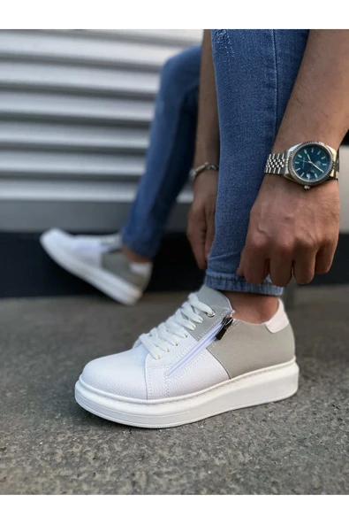 Joy Ayakkabı JY155 Warrior Bağcıklı ve Fermuarlı Cilt Süet Erkek Günlük Sneaker Ayakkabı CSBT - Beyaz/Gri - Resim 3