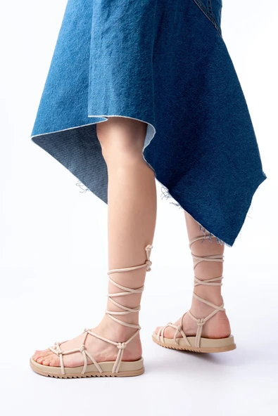 İnfon Ayakkabı Marketi Sandalet1001-1001 Bej Bilekten Bağcıklı Kadın Sandalet - Resim 3