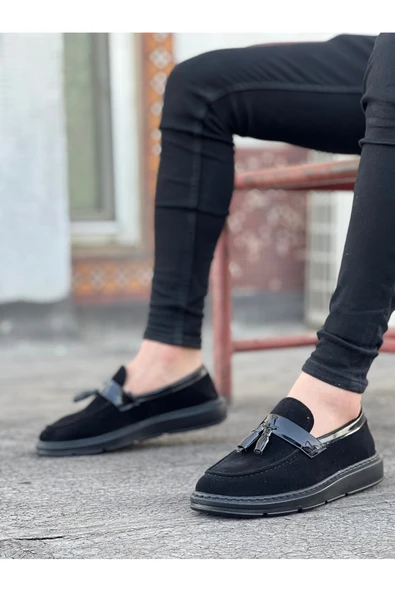 Arda BA0005 Bağcıksız Yüksek Taban Klasik Siyah Süet Parlak Kuşaklı Püsküllü Erkek Ayakkabı - Resim 2