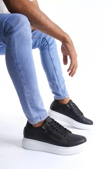 aradimtaradim SLW155 Warrior Bağcıklı ve Fermuarlı Cilt Erkek Günlük Sneaker Ayakkabı CBT - Siyah ürün görseli 1