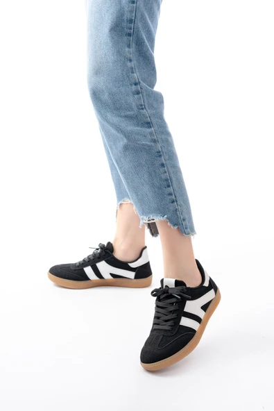 İnfon Ayakkabı Marketi Spor Ayakkabı M-1004 Siyah Süet Bağcıklı Termo Taban Günlük Kadın Spor ürün görseli