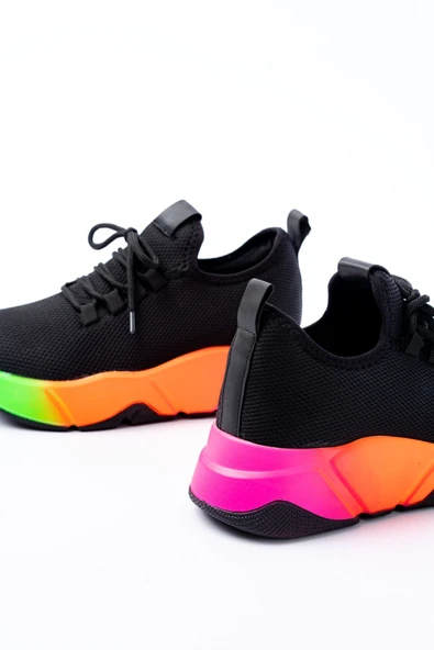 İnfon Ayakkabı Marketi Spor Ayakkabı RS-400 Siyah Bağcıklı Fileli Renkli Taban Günlük Kadın Spor - Resim 5