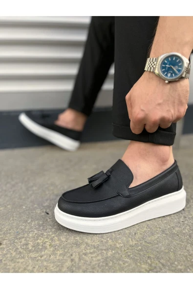 Joy Ayakkabı JY154 Blaze Bağcıksız Püsküllü Cilt Erkek Günlük Spor Klasik Ayakkabı CBT - Siyah - Resim 3