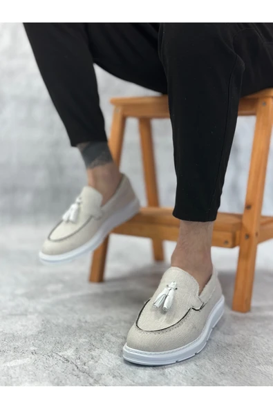 Arda Erkek AyakkabıBA0005 Bağcıksız Yüksek Taban Klasik Keten Beyaz Püsküllü Erkek Ayakkabı ürün görseli 1