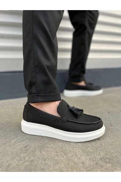 Joy Ayakkabı JY154 Blaze Bağcıksız Püsküllü Keten Erkek Günlük Spor Klasik Ayakkabı KBT - Siyah ürün görseli