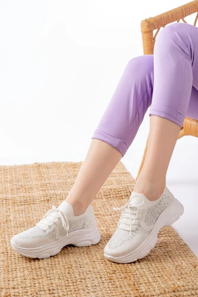 İnfon Ayakkabı Marketi Spor Ayakkabı 3002 Beyaz Bağcıklı Fileli Taş Aksesuarlı Günlük Spor Ayakkabı - Resim 2