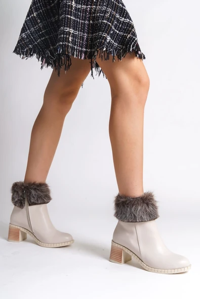 Joy Ayakkabı JULIA Fermuarlı Ortopedik Taban Tüylü Topuklu Kadın Bot CKT - Krem ürün görseli