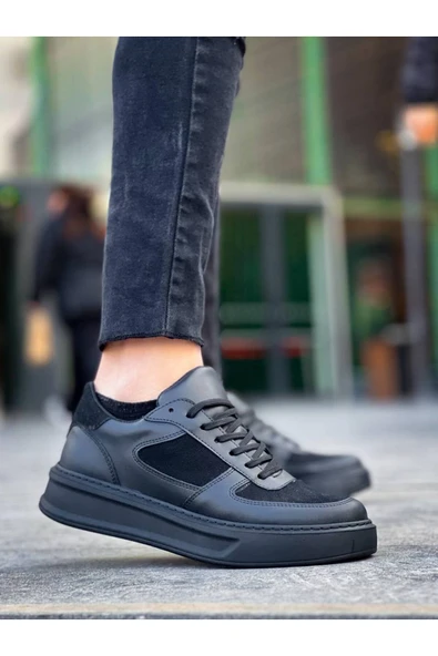 Arda Erkek AyakkabıKB-X8 Kuback Siyah Cilt Siyah Süet Detaylı Siyah Yüksek Taban Günlük Spor Ayakkabı - Resim 3