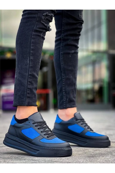 Arda Erkek AyakkabıKB-X8 Kuback Siyah Cilt Mavi Süet Detaylı Siyah Yüksek Taban Günlük Spor Ayakkabı - Resim 3