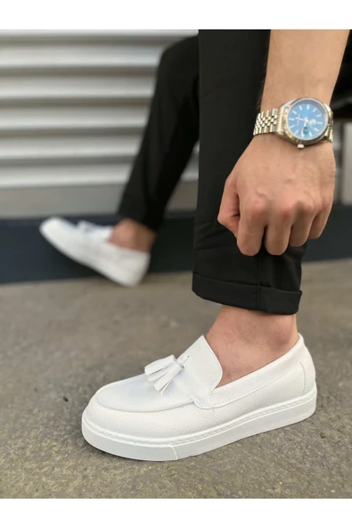 Joy Ayakkabı JY153 Bloom Bağcıksız Püsküllü Cilt Erkek Günlük Spor Klasik Ayakkabı CBT - Beyaz - Resim 3