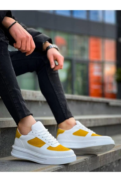 Arda Erkek AyakkabıKB-X8 Kuback Beyaz Cilt Sarı Süet Detaylı Beyaz Yüksek Taban Günlük Spor Ayakkabı ürün görseli