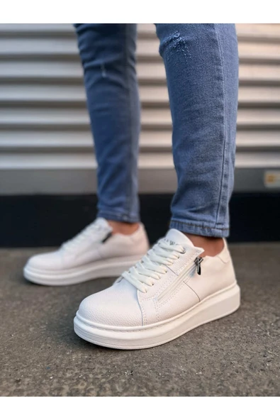 Joy Ayakkabı JY155 Warrior Bağcıklı ve Fermuarlı Cilt Erkek Günlük Sneaker Ayakkabı CBT - Beyaz - Resim 2