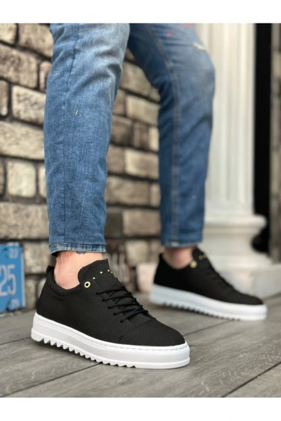 aradimtaradim BA0152 Bağcıklı Yüksek Taban Siyah Keten Erkek Ayakkabı - Resim 3
