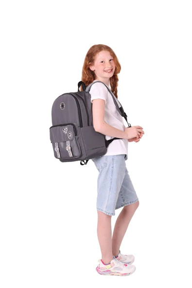 KAUKKO Mirror Parlak Love Şeritli Kalp Aksesuarlı Okul ve Günlük Sırt Çantası - Kız/Kadın - Gri - 5