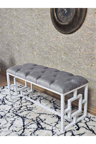 Beyaz Boyalı İçi Kareli Diktörtgen 100 cm x 40 cm Oturak Puf - Bench - Makyaj Oturağı - Oturak Gri Renk 100 x 40 Boyut/Ebat - Resim 4
