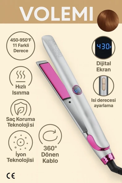 Volemi Vm-004 Profesyonel Seramik Plakalı Saç Düzleştirici Hızlı Isınma Dijital Led Ekran ürün görseli