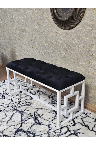 Beyaz Boyalı İçi Kareli Diktörtgen 100 cm x 40 cm Oturak Puf - Bench - Makyaj Oturağı - Oturak Siyah Renk 100 x 40 Boyut/Ebat - Resim 4