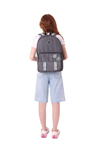 KAUKKO Mirror Parlak Love Şeritli Kalp Aksesuarlı Okul ve Günlük Sırt Çantası - Kız/Kadın - Gri - 6