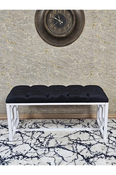 Beyaz Boyalı İçi Kareli Diktörtgen 100 cm x 40 cm Oturak Puf - Bench - Makyaj Oturağı - Oturak Siyah Renk 100 x 40 Boyut/Ebat - Resim 2