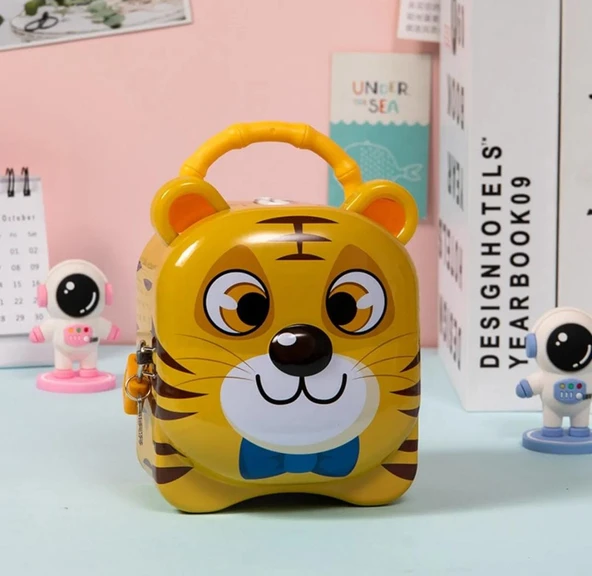 Kaplan Kilitli Metal Kumbara Sari 13 cm - 2