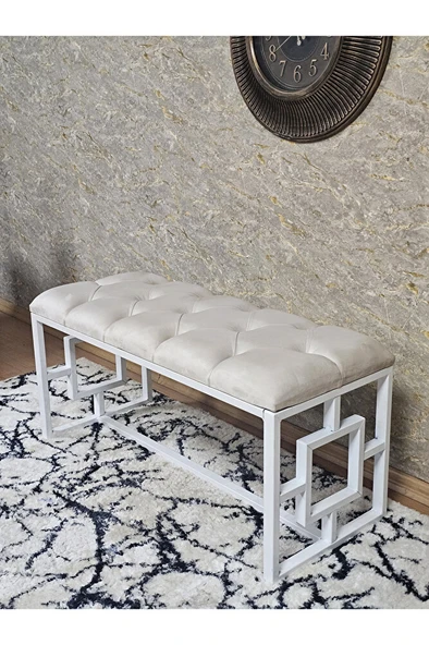 Beyaz Boyalı İçi Kareli Diktörtgen 100 cm x 40 cm Oturak Puf - Bench - Makyaj Oturağı - Oturak Krem Renk 100 x 40 Boyut/Ebat - Resim 4
