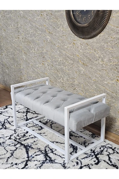 Beyaz Boyalı Metal 80 cm Puf Bench - Antre Puf - Hol Bench - Puf - Oturak - Bench Gri Renk 90 x 45 Boyut/Ebat - Resim 4