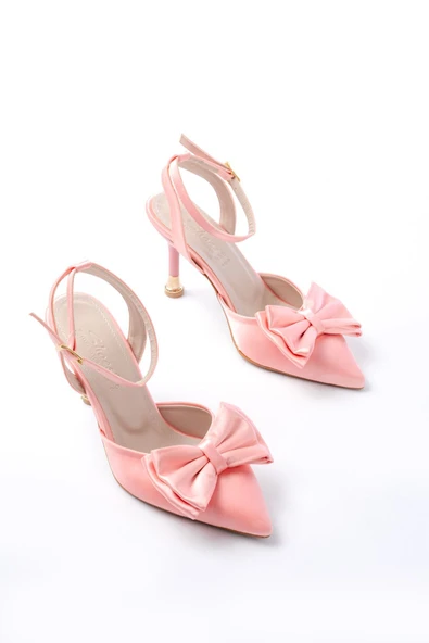 İnfon Ayakkabı Marketi Topuklu Ayakkabı İNF-4505 Mavi Saten Günlük Arkası Açık Kurdele detaylı Topuklu Ayakkabı - Resim 2