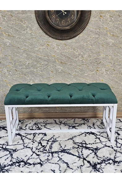 Beyaz Boyalı İçi Kareli Diktörtgen 100 cm x 40 cm Oturak Puf - Bench - Makyaj Oturağı - Oturak Yeşil Renk 100 x 40 Boyut/Ebat - Resim 2