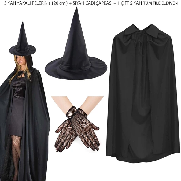 120 cm Siyah Yakalı Cadı Pelerini Cadı Şapkası ve 1 Çift Siyah Kısa File Tüm Eldiven Seti 3 Parça ürün görseli 1