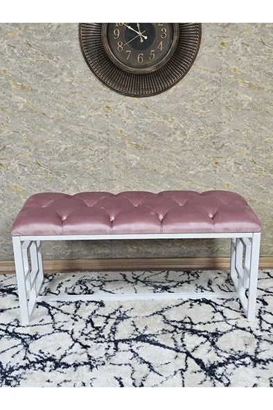 Beyaz Boyalı İçi Kareli Diktörtgen 100 cm x 40 cm Oturak Puf - Bench - Makyaj Oturağı - Oturak Pembe Renk 100 x 40 Boyut/Ebat - Resim 2