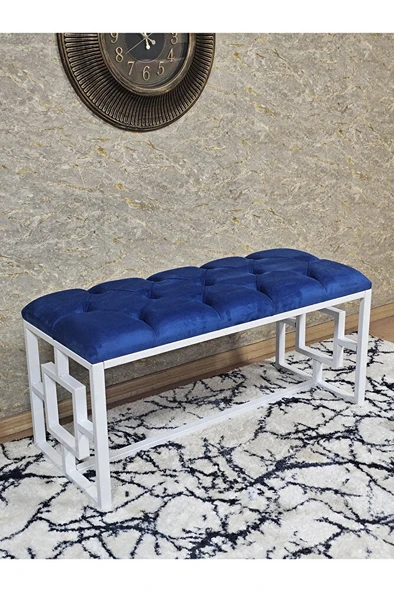 Beyaz Boyalı İçi Kareli Diktörtgen 100 cm x 40 cm Oturak Puf - Bench - Makyaj Oturağı - Oturak Mavi Renk 100 x 40 Boyut/Ebat ürün görseli 1