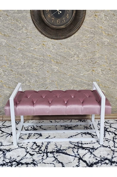 Beyaz Boyalı Metal 80 cm Puf Bench - Antre Puf - Hol Bench - Puf - Oturak - Bench Pembe Renk 90 x 45 Boyut/Ebat - 2