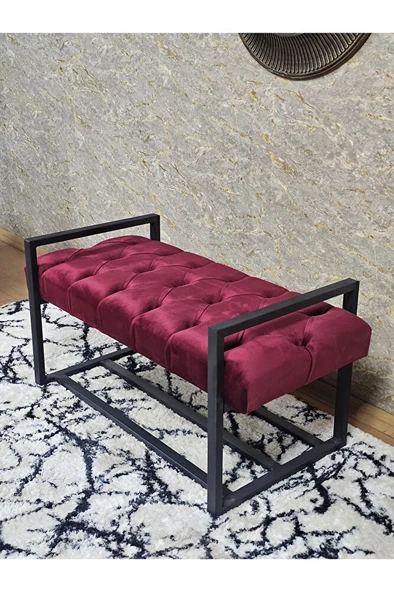 Siyah Boyalı Metal 80 cm Puf Bench - Antre Puf - Hol Bench - Puf - Oturak - Bench Bordo Renk 90 x 45 Boyut/Ebat - Resim 4