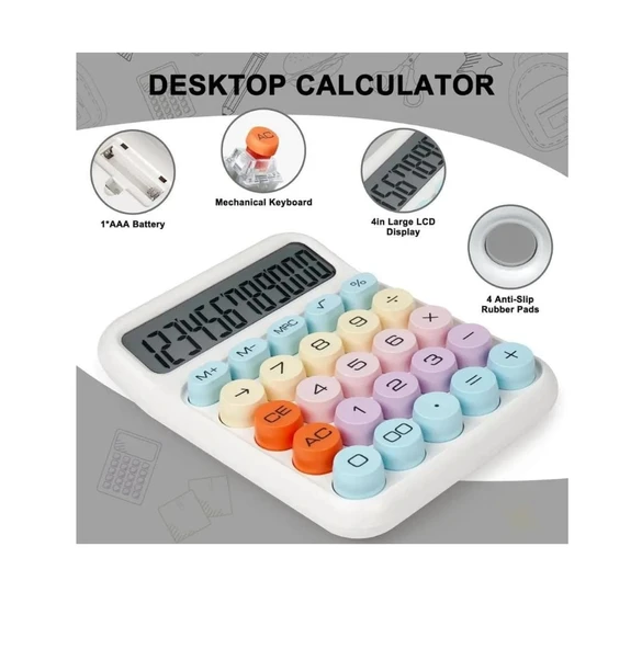 12 Haneli Güneş Enerjili Hesap Makinesi - Açılı Geniş Ekran, Çift Güç Kaynağı Solar Pil BEYAZ RENK - 2