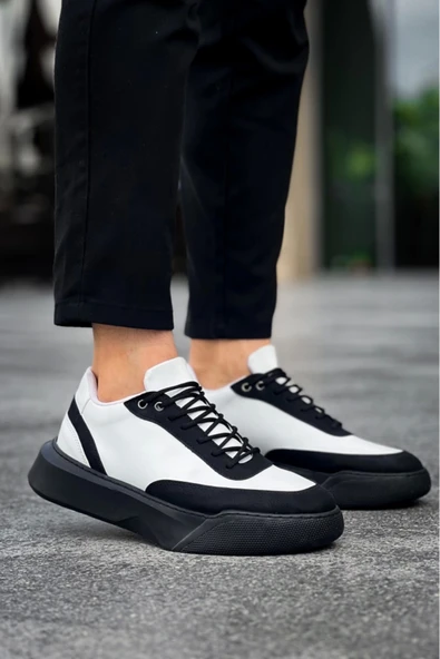 Monolya BA0354 Günlük Bağcıklı Erkek Beyaz Parçalı Siyah Yüksek Taban Spor Ayakkabı - Resim 5