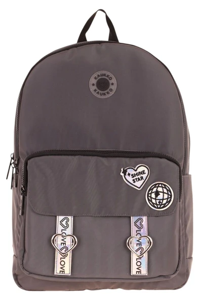 KAUKKO Mirror Parlak Love Şeritli Kalp Aksesuarlı Okul ve Günlük Sırt Çantası - Kız/Kadın - Gri - 2