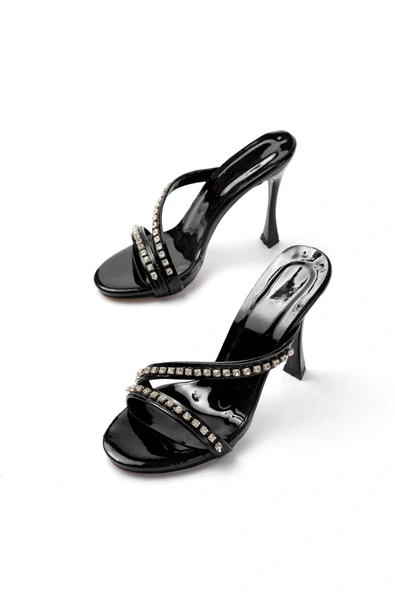 İnfon Ayakkabı Marketi Kadın Siyah Gümüş Taşlı Platformlu Topuklu Terlik - Resim 3