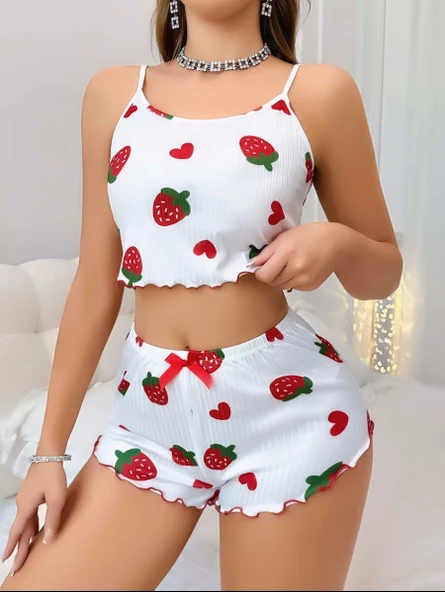 Kadın Beyaz Çilek desenli Şortlu Pijama Takımı 5053 ürün görseli 1
