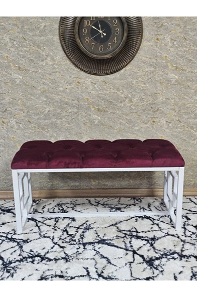 Beyaz Boyalı İçi Kareli Diktörtgen 100 cm x 40 cm Oturak Puf - Bench - Makyaj Oturağı - Oturak Bordo Renk 100 x 40 Boyut/Ebat - Resim 2