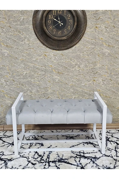 Beyaz Boyalı Metal 80 cm Puf Bench - Antre Puf - Hol Bench - Puf - Oturak - Bench Gri Renk 90 x 45 Boyut/Ebat - Resim 2