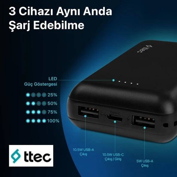 Ttec ReCharger 10000mAh Taşınabilir UsbA ve Type-C Taşınabilir Hızlı Powerbank Display Box Siyah 2BB263S - 5