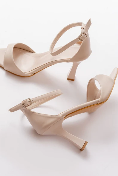 İnfon Ayakkabı Marketi 718 Bej Cilt Sivri Burunlu Topuklu Bilekten Bağlamalı Kadın Ayakkabı - Resim 5