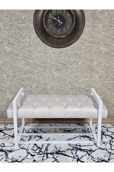 Beyaz Boyalı Metal 80 cm Puf Bench - Antre Puf - Hol Bench - Puf - Oturak - Bench Krem Renk 90 x 45 Boyut/Ebat - 2