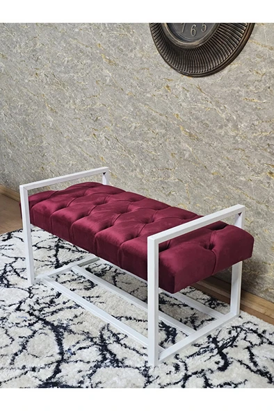 Beyaz Boyalı Metal 80 cm Puf Bench - Antre Puf - Hol Bench - Puf - Oturak - Bench Bordo Renk 90 x 45 Boyut/Ebat - Resim 4
