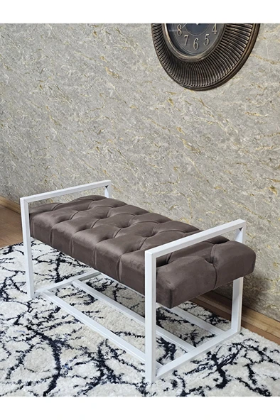 Beyaz Boyalı Metal 80 cm Puf Bench - Antre Puf - Hol Bench - Puf - Oturak - Bench Kahverengi Renk 90 x 45 Boyut/Ebat - Resim 4